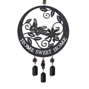 Butterfly Wind Chime Black Sheet Metal 8" wide with Three Camel Bells 79463